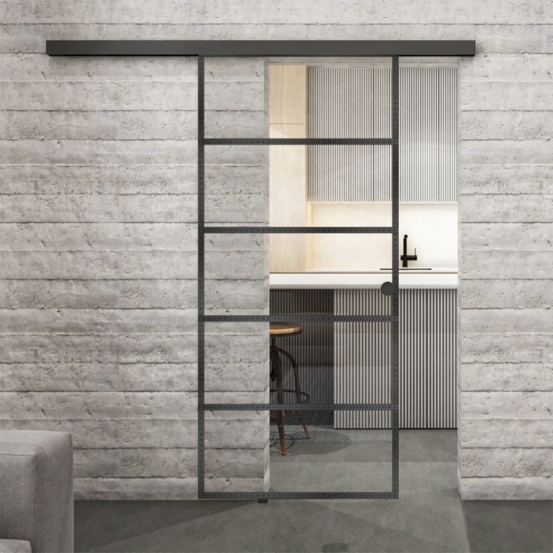 Glasschiebetür BLACK-LINE Loft Schwarzeisen Genietet 01 Auf Klarglas Glasschiebetür BLACK-LINE Loft Schwarzeisen Genietet 01 Auf Klarglas