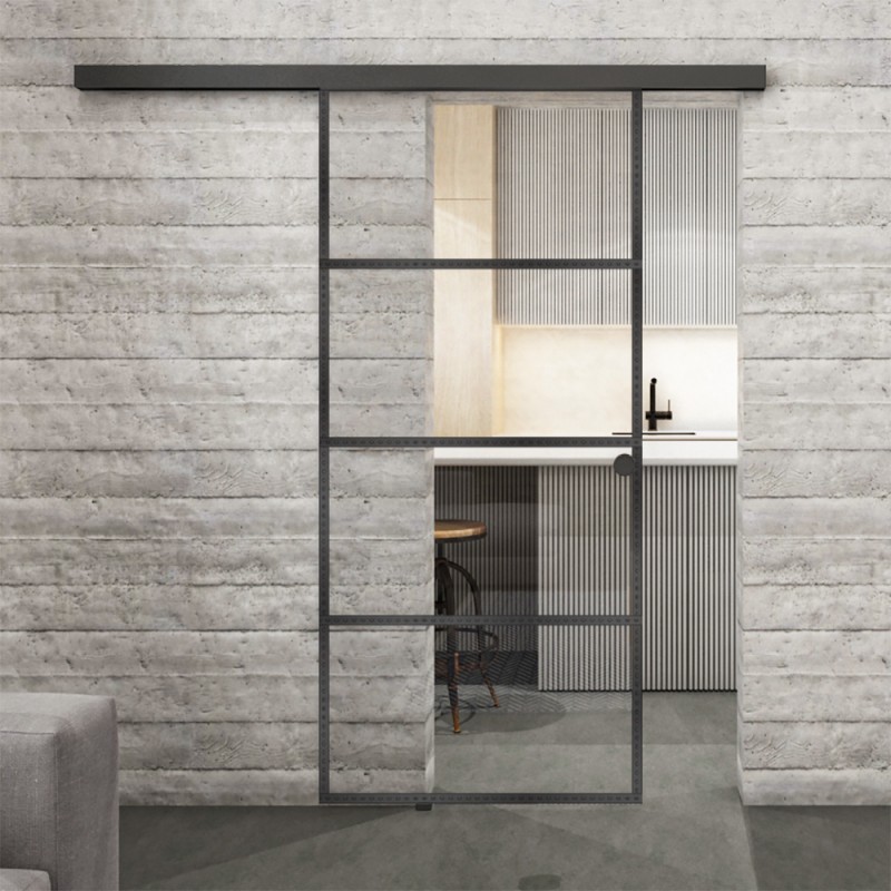 Glasschiebetür BLACK-LINE Loft Schwarzeisen Genietet 02 Auf Klarglas Glasschiebetür BLACK-LINE Loft Schwarzeisen Genietet 02 Auf Klarglas