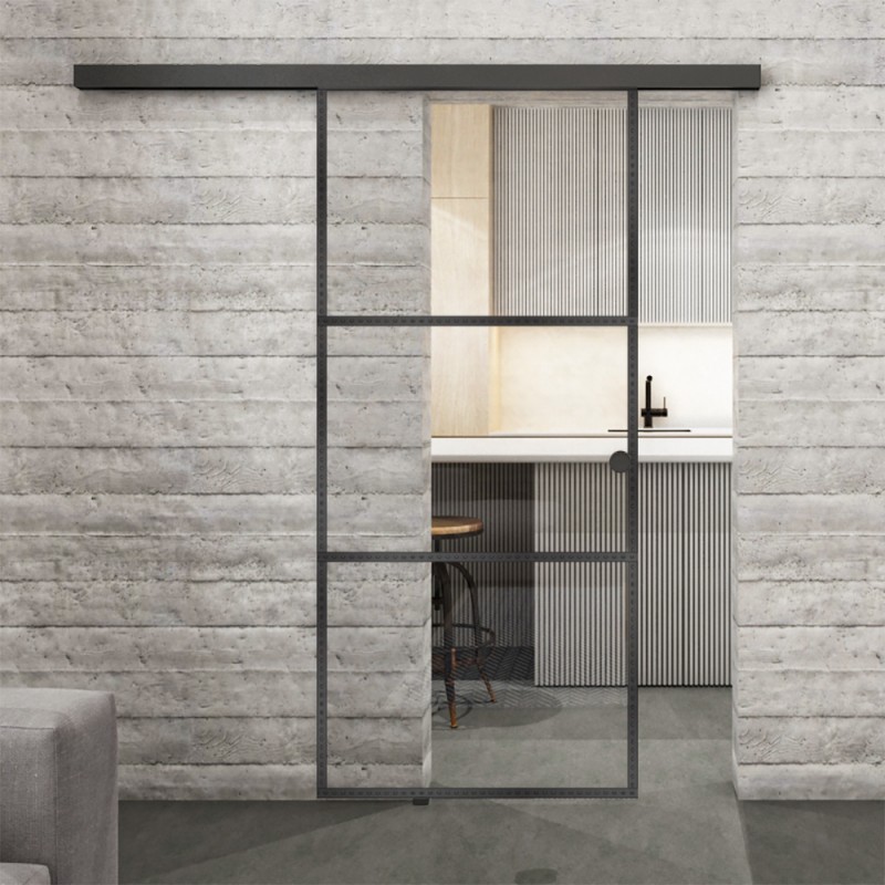 Glasschiebetür BLACK-LINE Loft Schwarzeisen Genietet 03 Auf Klarglas Glasschiebetür BLACK-LINE Loft Schwarzeisen Genietet 03 Auf Klarglas
