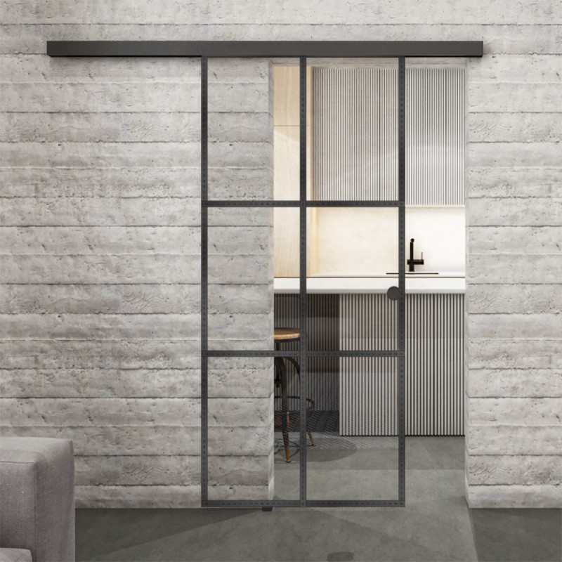 Glasschiebetür BLACK-LINE Loft Schwarzeisen Genietet 07 Auf Klarglas Glasschiebetür BLACK-LINE Loft Schwarzeisen Genietet 07 Auf Klarglas