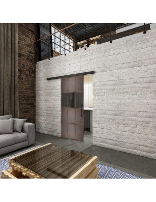 Glasschiebetür BLACK-LINE Loft Rosteisen Genietet 32 Auf Grauglas
