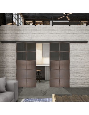 Glasschiebetür BLACK-LINE Loft Rosteisen Genietet 17 Auf Grauglas