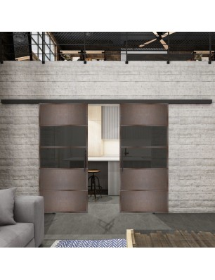 Glasschiebetür BLACK-LINE Loft Rosteisen Genietet 25 Auf Grauglas