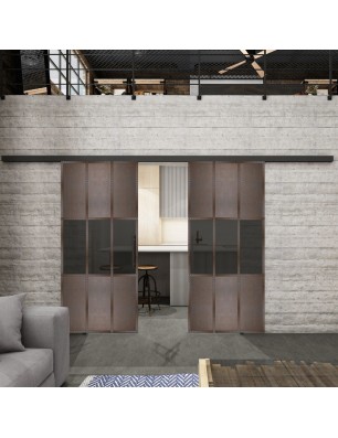Glasschiebetür BLACK-LINE Loft Rosteisen Genietet 33 Auf Grauglas