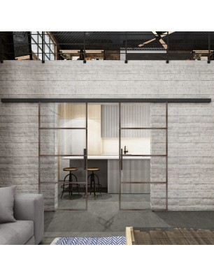 Glasschiebetür BLACK-LINE Loft Rosteisen Genietet 02 Auf Klarglas
