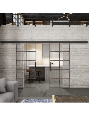 Glasschiebetür BLACK-LINE Loft Rosteisen Genietet 05 Auf Klarglas