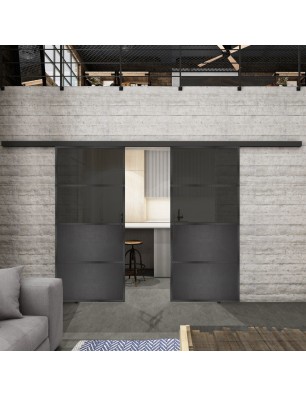Glasschiebetür BLACK-LINE Loft Schwarzeisen Genietet 14 Auf Grauglas