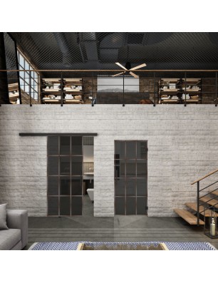 Glasschiebetür BLACK-LINE Loft Rosteisen Genietet 10 Auf Grauglas