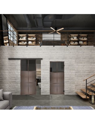 Glasschiebetür BLACK-LINE Loft Rosteisen Genietet 19 Auf Grauglas