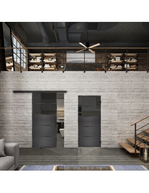Glasschiebetür BLACK-LINE Loft Schwarzeisen Genietet 13 Auf Grauglas