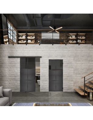 Glasschiebetür BLACK-LINE Loft Schwarzeisen Genietet 19 Auf Grauglas