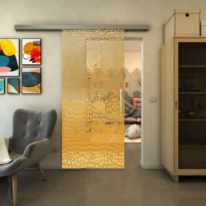 Glasschiebetür SLIM-LINE - Fineprint Modell 015 Gold auf Klarglas Glasschiebetür SLIM-LINE - Fineprint Modell 015 Gold auf Klarglas