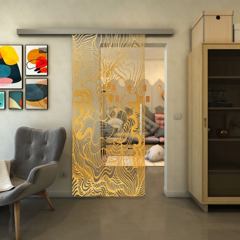 Glasschiebetür SLIM-LINE - Fineprint Modell 056 Gold auf Klarglas Glasschiebetür SLIM-LINE - Fineprint Modell 056 Gold auf Klarglas