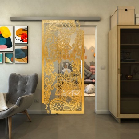 Glasschiebetür SLIM-LINE - Fineprint Model 108 Gold auf Klarglas