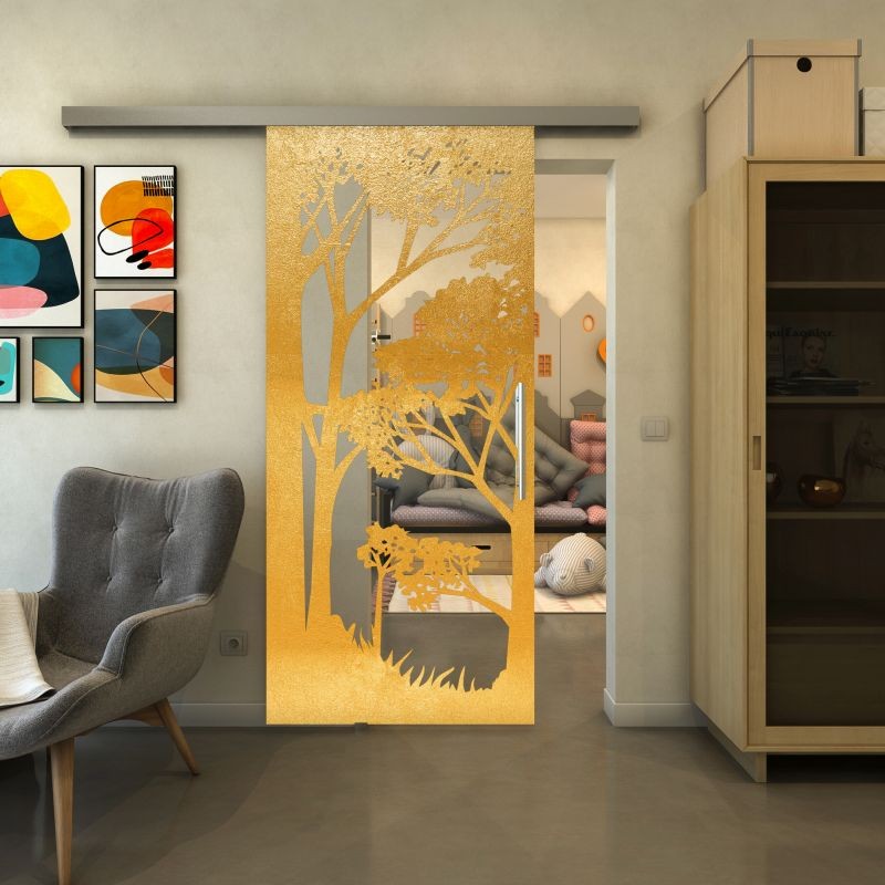 Glasschiebetür SLIM-LINE - Fineprint Modell 110 Gold auf Klarglas Glasschiebetür SLIM-LINE - Fineprint Modell 110 Gold auf Klarglas