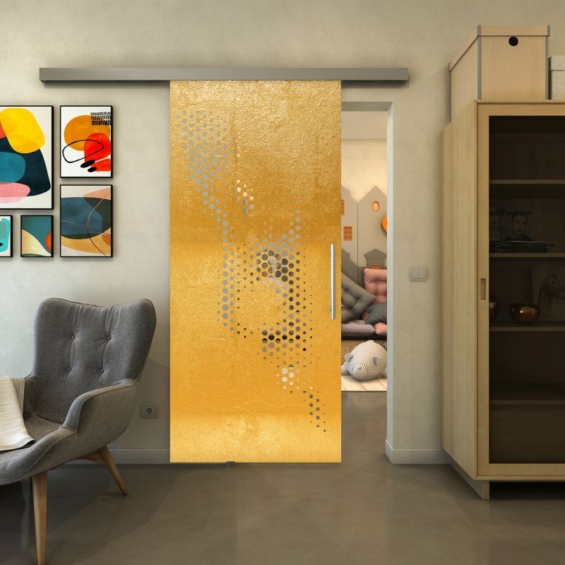 Glasschiebetür SLIM-LINE - Fineprint Modell 120 Gold auf Klarglas Glasschiebetür SLIM-LINE - Fineprint Modell 120 Gold auf Klarglas