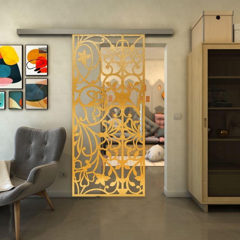 Glasschiebetür SLIM-LINE - Fineprint Modell 147 Gold auf Klarglas Glasschiebetür SLIM-LINE - Fineprint Modell 147 Gold auf Klarglas