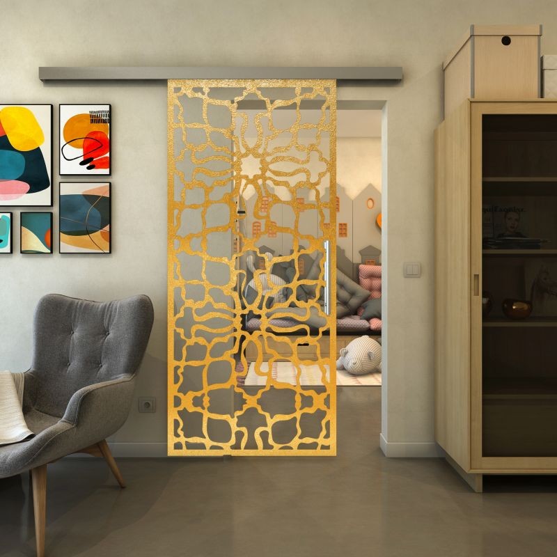 Glasschiebetür SLIM-LINE - Fineprint Modell 150 Gold auf Klarglas