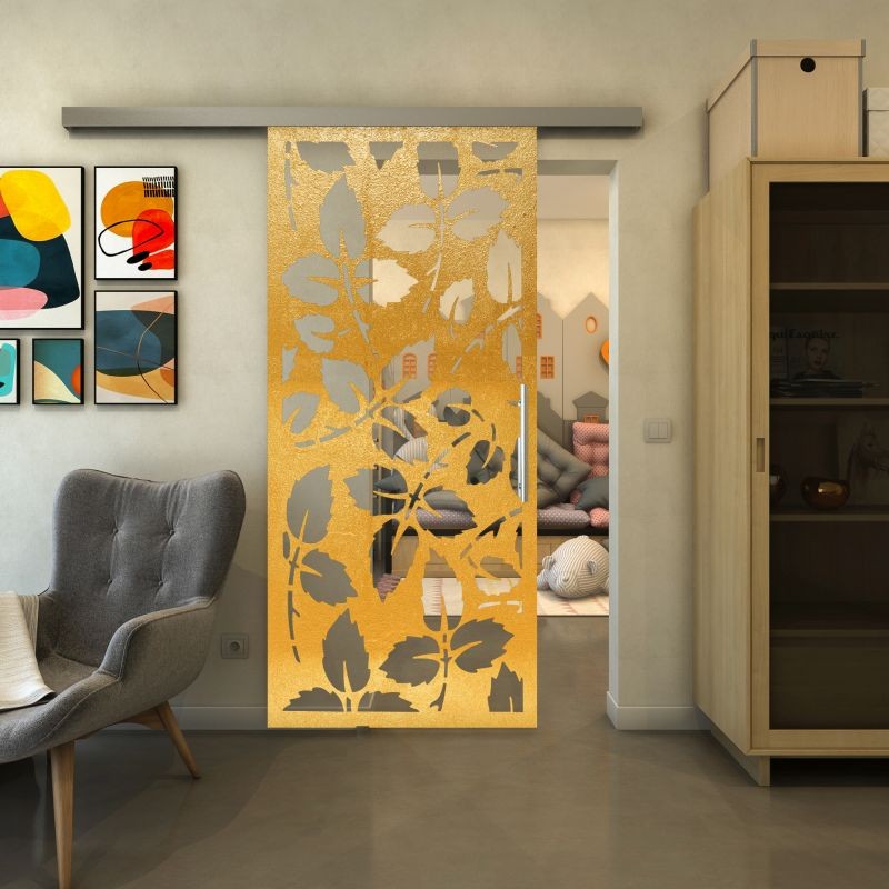 Glasschiebetür SLIM-LINE - Fineprint Modell 175 Gold auf Klarglas Glasschiebetür SLIM-LINE - Fineprint Modell 175 Gold auf Klarglas
