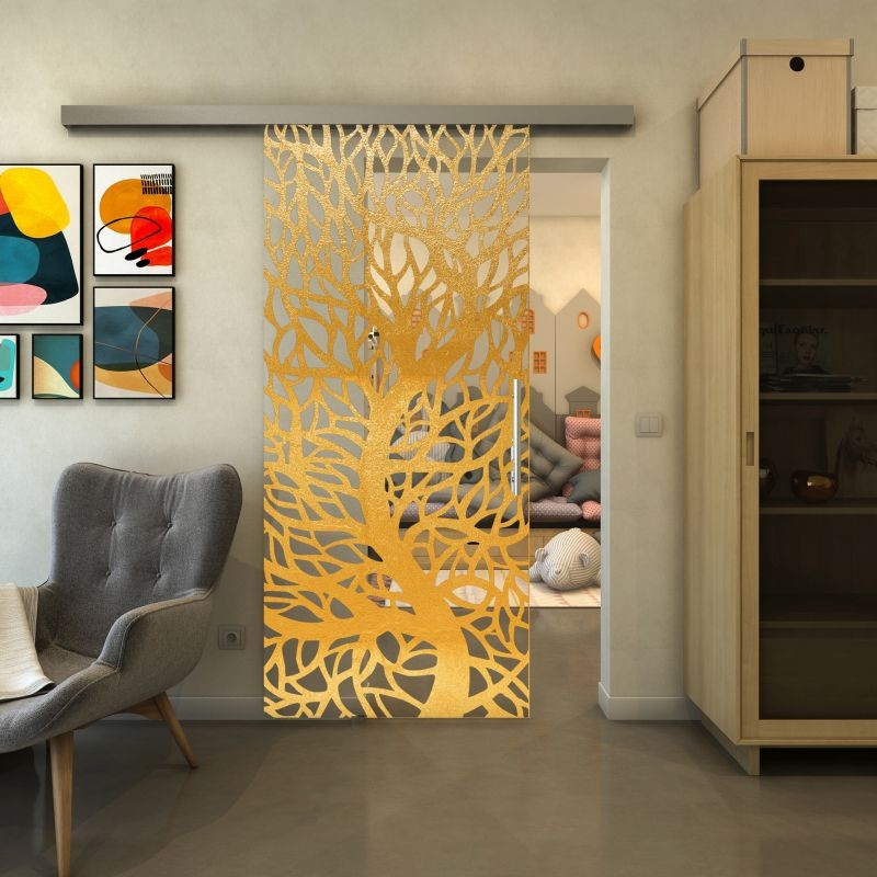 Glasschiebetür SLIM-LINE - Fineprint Modell 202 Gold auf Klarglas Glasschiebetür SLIM-LINE - Fineprint Modell 202 Gold auf Klarglas