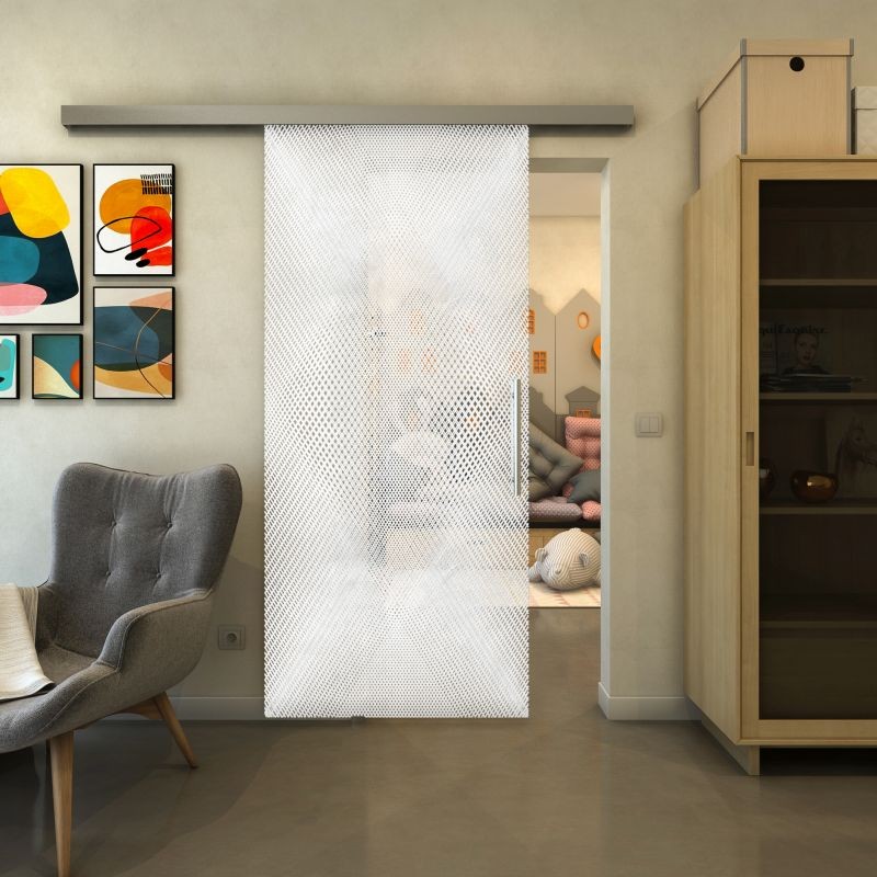 Glasschiebetür SLIM-LINE - Fineprint Modell 025 Weiss auf Klarglas
