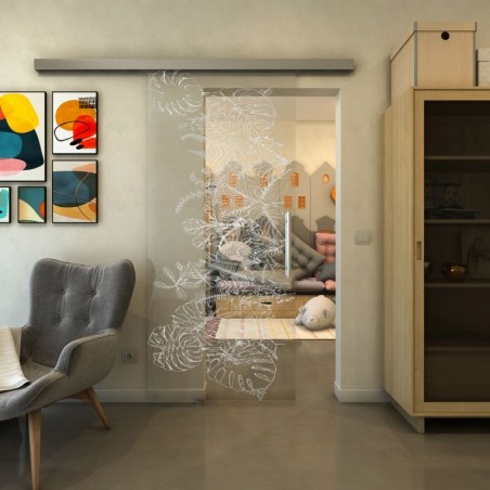 Glasschiebetür SLIM-LINE - Fineprint Model 082 Weiss auf Klarglas