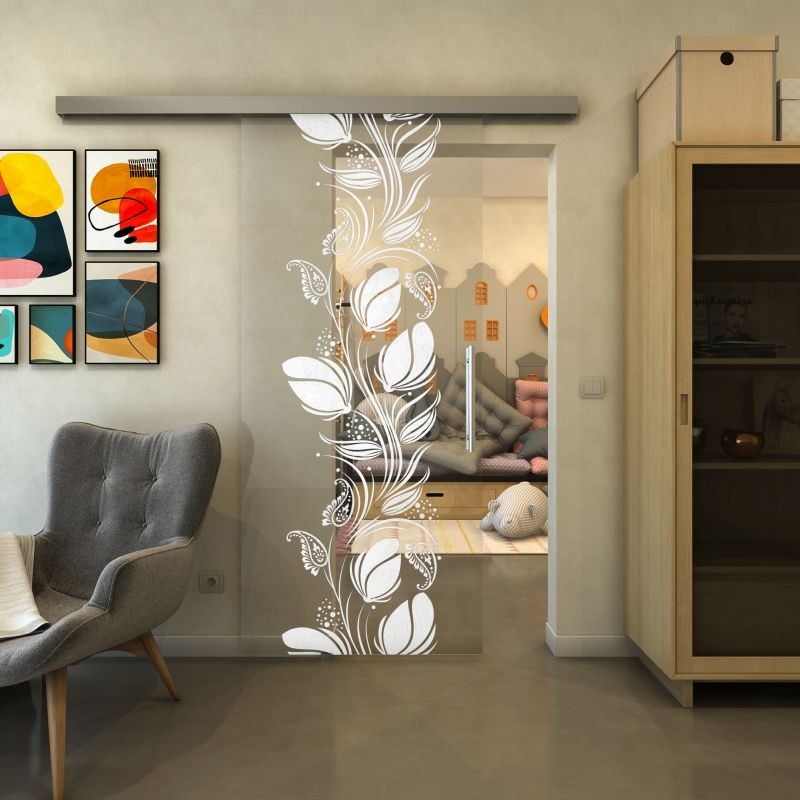 Glasschiebetür SLIM-LINE - Fineprint Modell 086 Weiss auf Klarglas
