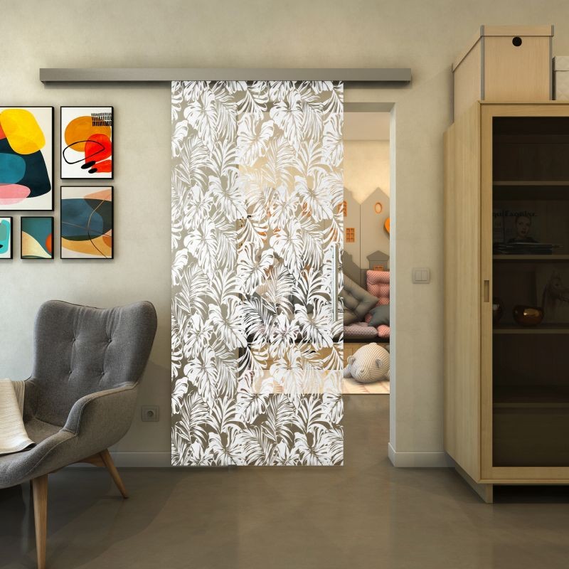 Glasschiebetür SLIM-LINE - Fineprint Modell 091 Weiss auf Klarglas