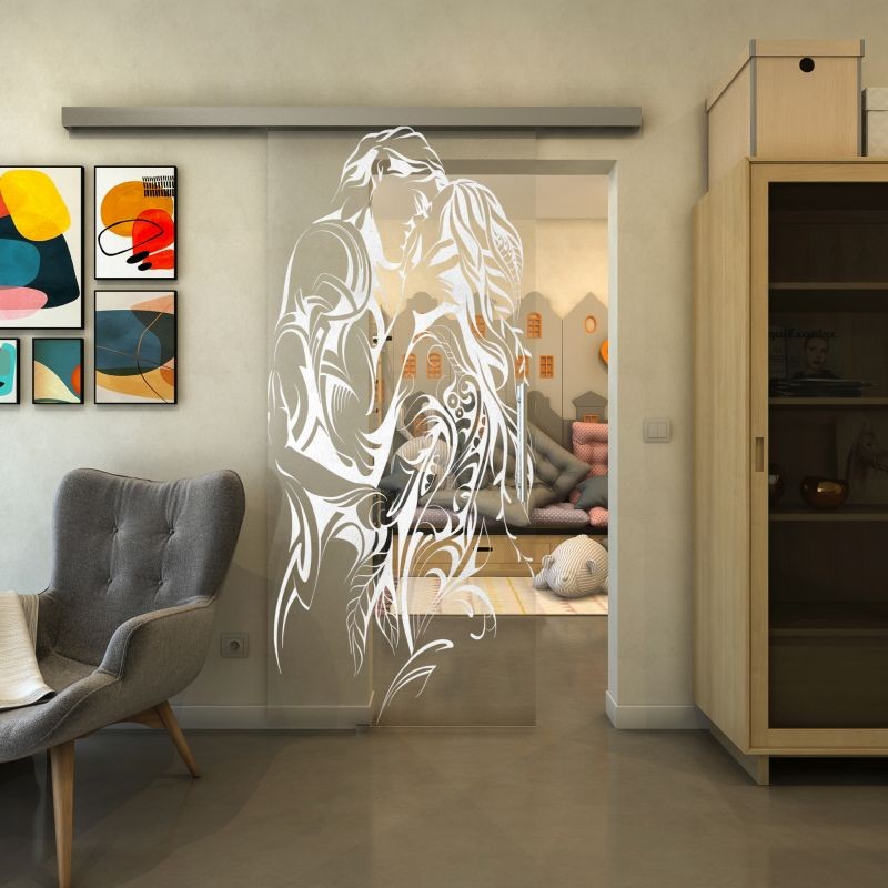 Glasschiebetür SLIM-LINE - Fineprint Modell 116 Weiss auf Klarglas