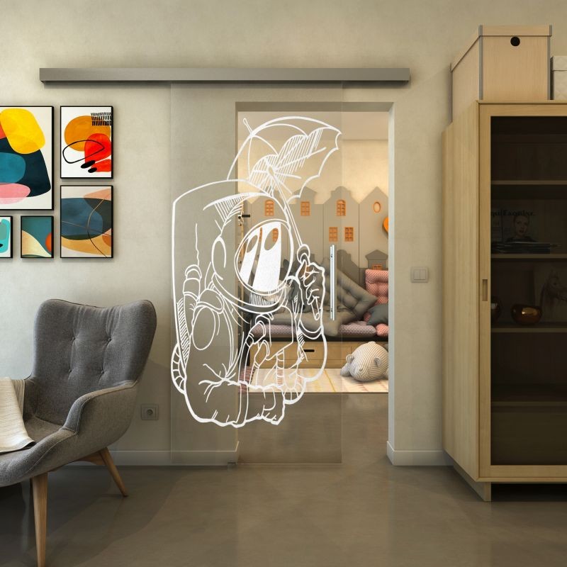 Glasschiebetür SLIM-LINE - Fineprint Modell 126 Weiss auf Klarglas