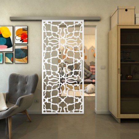 Glasschiebetür SLIM-LINE - Fineprint Model 150 Weiss auf Klarglas