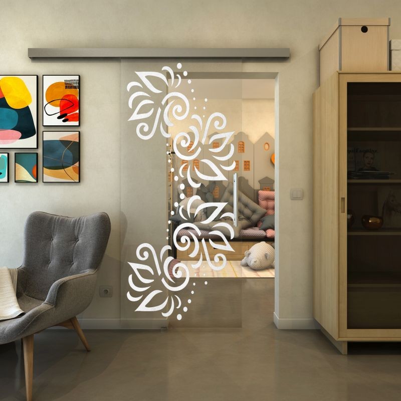 Glasschiebetür SLIM-LINE - Fineprint Modell 163 Weiss auf Klarglas