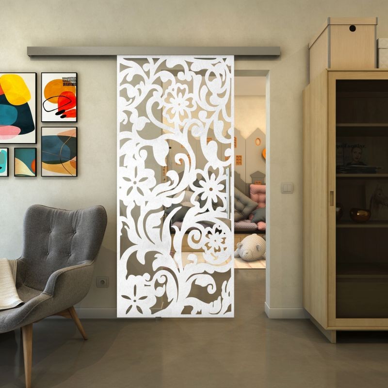 Glasschiebetür SLIM-LINE - Fineprint Modell 170 Weiss auf Klarglas Glasschiebetür SLIM-LINE - Fineprint Modell 170 Weiss auf Klarglas