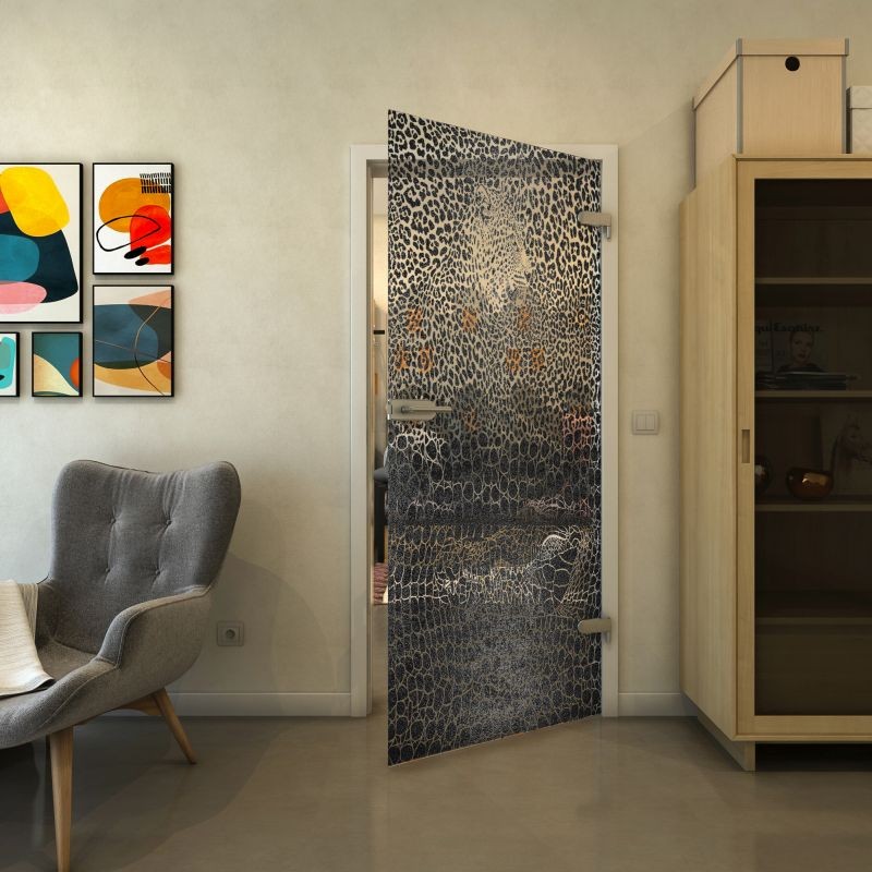 Ganzglastür - Fineprint Modell 015 Schwarz auf Klarglas