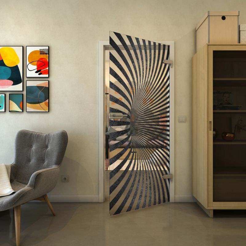 Ganzglastür - Fineprint Modell 043 Schwarz auf Klarglas