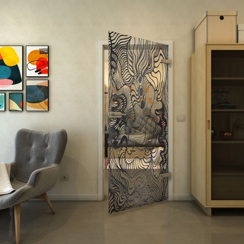 Ganzglastür - Fineprint Modell 056 Schwarz auf Klarglas