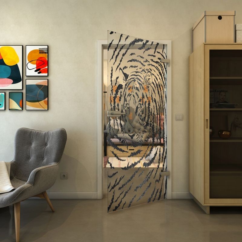 Ganzglastür - Fineprint Modell 057 Schwarz auf Klarglas