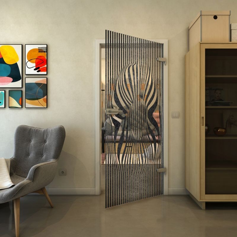 Ganzglastür - Fineprint Modell 065 Schwarz auf Klarglas