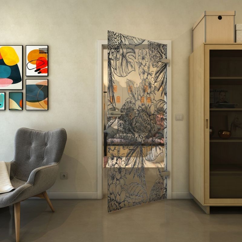 Ganzglastür - Fineprint Modell 083 Schwarz auf Klarglas