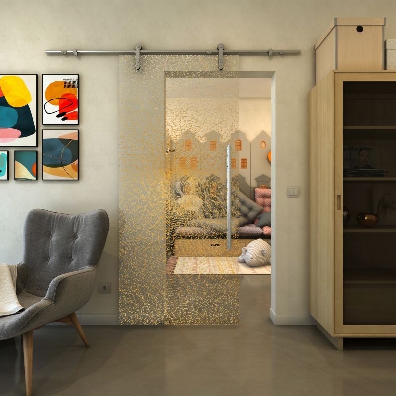 Glasschiebetür PIPE-LINE - Fineprint Modell 006 Gold auf Klarglas Glasschiebetür PIPE-LINE - Fineprint Modell 006 Gold auf Klarglas