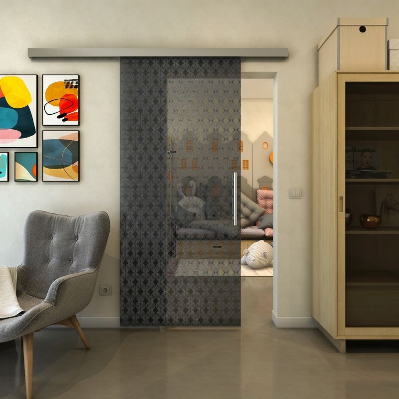 Glasschiebetür SLIM-LINE - Fineprint Modell 002 Schwarz auf Grauglas