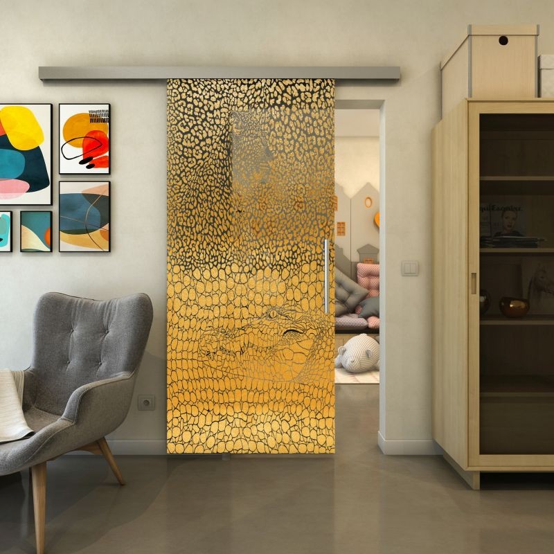 Glasschiebetür SLIM-LINE - Fineprint Modell 015 Gold auf Grauglas Glasschiebetür SLIM-LINE - Fineprint Modell 015 Gold auf Grauglas