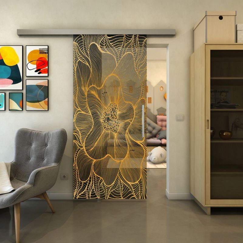 Glasschiebetür SLIM-LINE - Fineprint Modell 020 Gold auf Grauglas Glasschiebetür SLIM-LINE - Fineprint Modell 020 Gold auf Grauglas