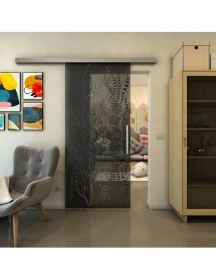 Glasschiebetür SLIM-LINE - Fineprint Model 039 Schwarz auf Grauglas