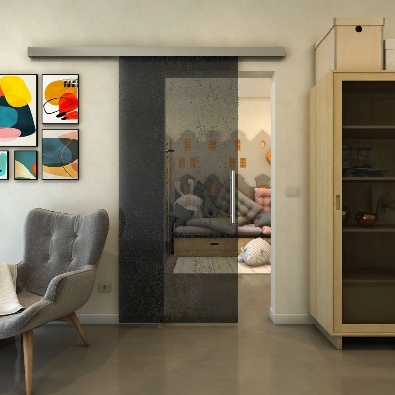 Glasschiebetür SLIM-LINE - Fineprint Modell 047 Schwarz auf Grauglas Glasschiebetür SLIM-LINE - Fineprint Modell 047 Schwarz auf Grauglas