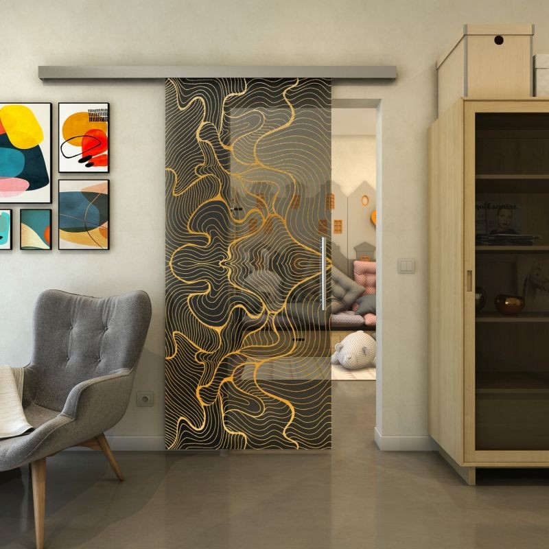 Glasschiebetür SLIM-LINE - Fineprint Modell 049 Gold auf Grauglas Glasschiebetür SLIM-LINE - Fineprint Modell 049 Gold auf Grauglas