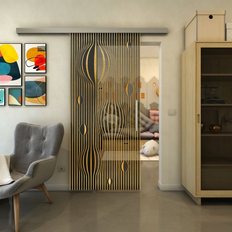 Glasschiebetür SLIM-LINE - Fineprint Modell 060 Gold auf Grauglas
