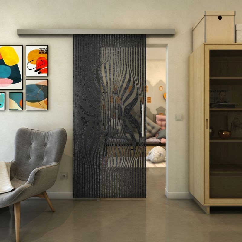Glasschiebetür SLIM-LINE - Fineprint Modell 065 Schwarz auf Grauglas