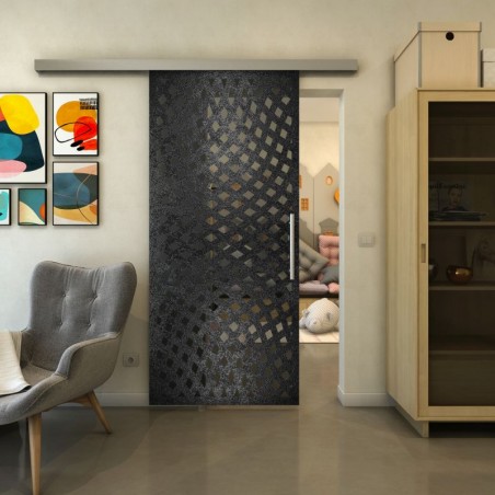 Glasschiebetür SLIM-LINE - Fineprint Model 068 Schwarz auf Grauglas