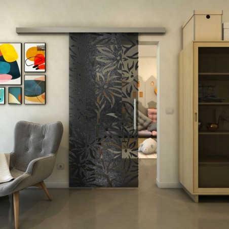 Glasschiebetür SLIM-LINE - Fineprint Model 094 Schwarz auf Grauglas